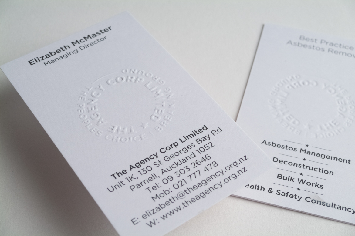 Embossed business cards for asbestos removal company